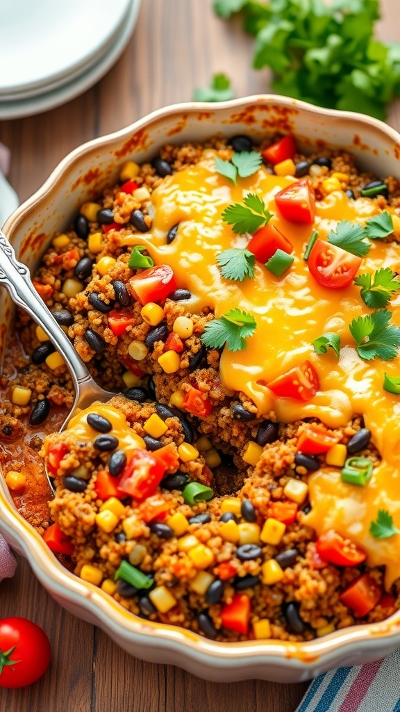 A baked casserole with quinoa, black beans, corn, and cheese, garnished with cilantro, on a wooden table.